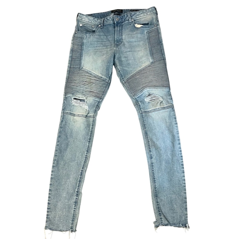PacSun Mens Stacked Skinny Moto Jeans Light‎ Wash Distressed Blue 32x32 Ribbed